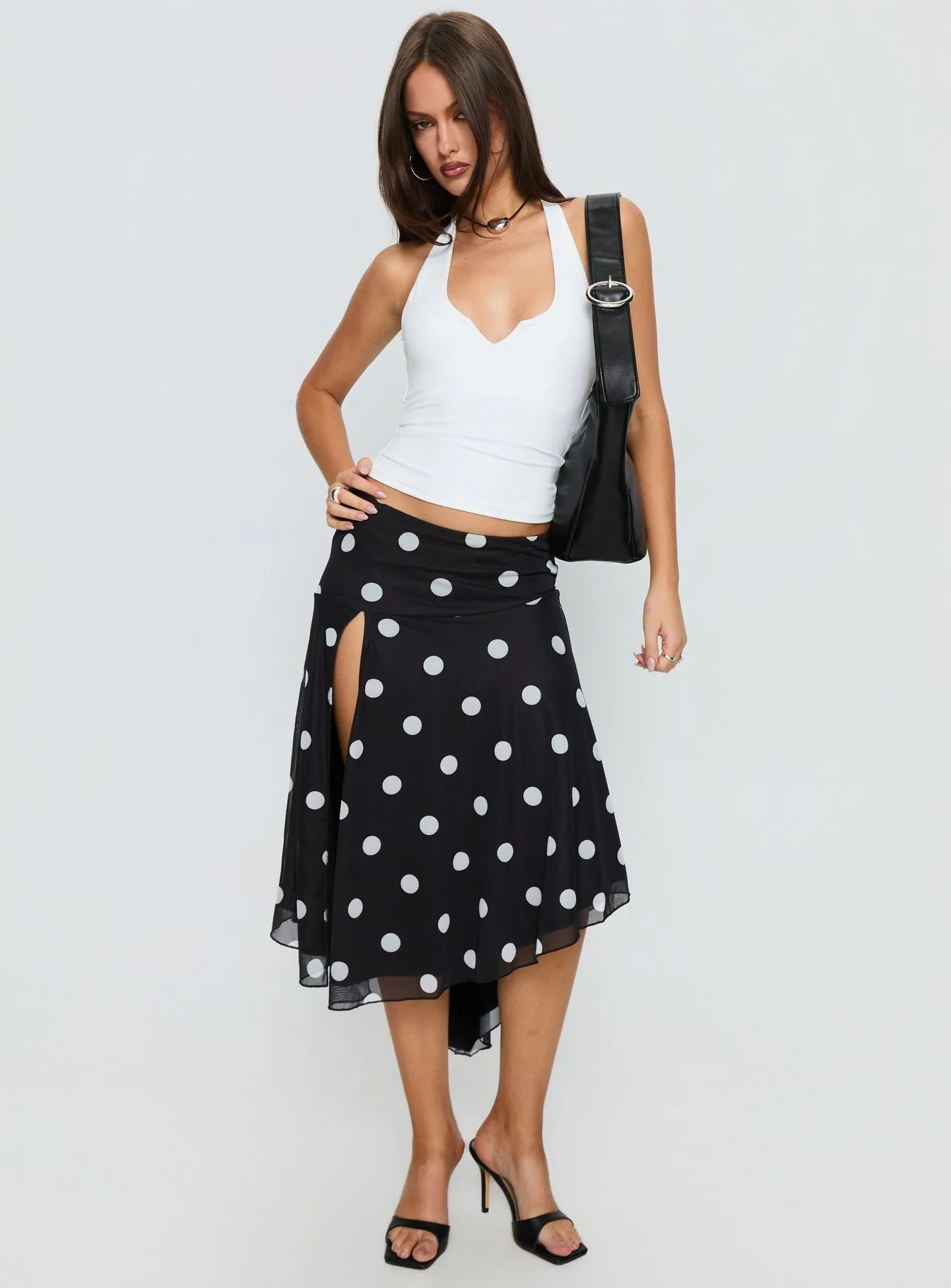 Dulciana High Split Asymmetrical Midi Skirt Black / Polka Dot sold by Princess Polly product image thumbnail 3