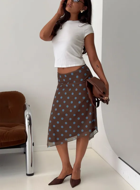Daphene Asymmetrical Midi Skirt Brown / Blue Polka Dot sold by Princess Polly