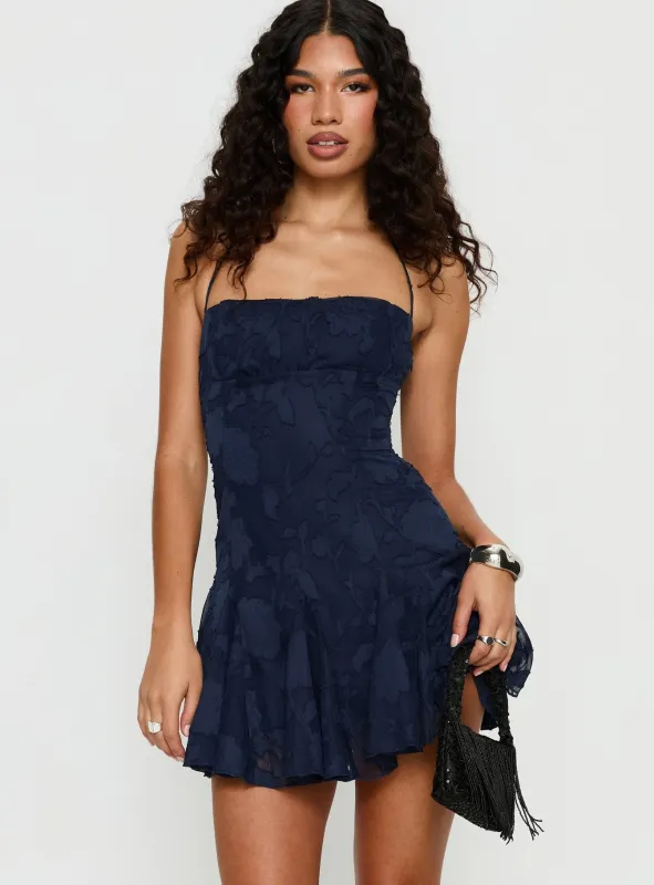Songbirds Godet Mini Dress Navy Burnout sold by Princess Polly