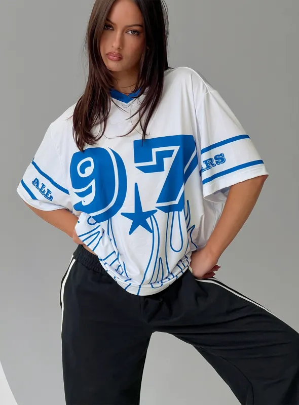 97 Sportstar Oversized Jersey Graphic Top White / Blue sold by Princess Polly