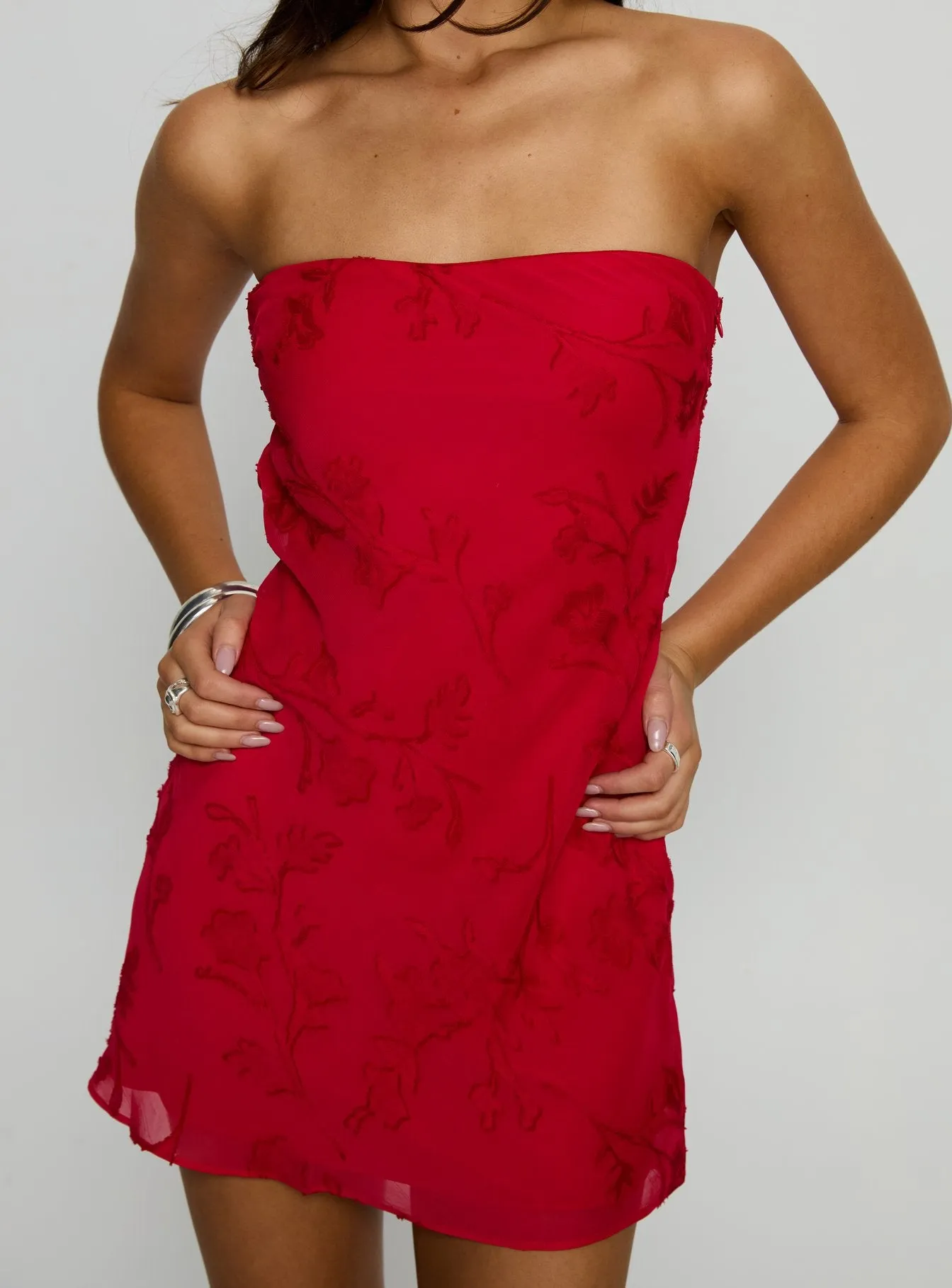 Edge Of Love Strapless Mini Dress Red Burnout sold by Princess Polly product image thumbnail 5
