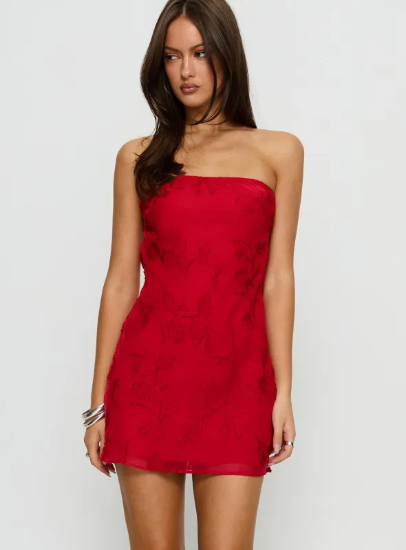 Edge Of Love Strapless Mini Dress Red Burnout sold by Princess Polly