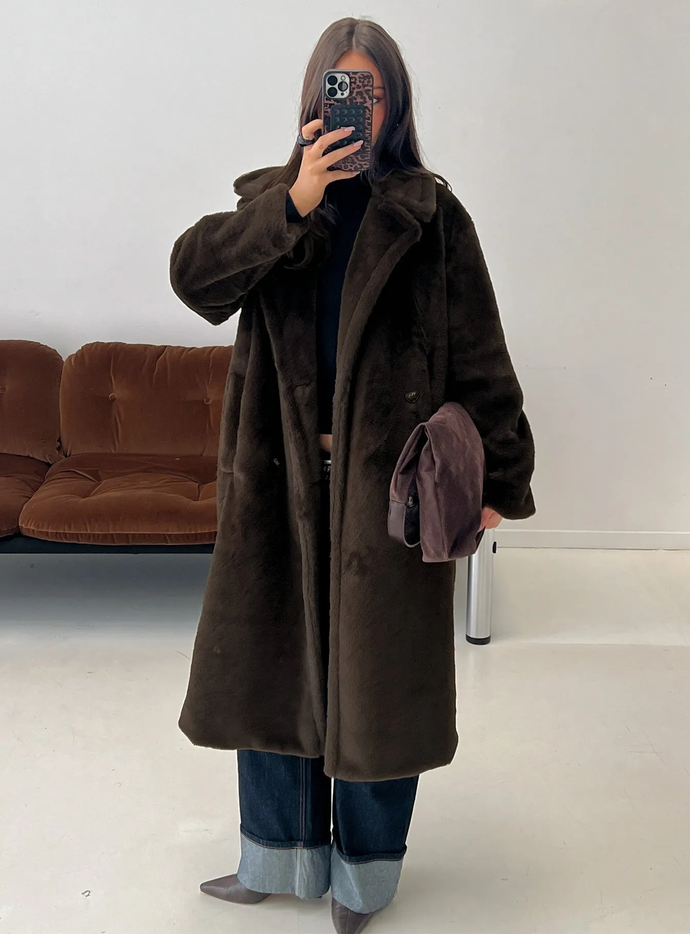 Alvie Longline Faux Fur Coat Brown sold by Princess Polly