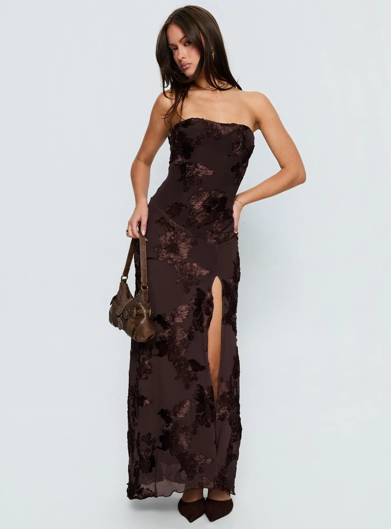 Maribeth Strapless Floral Maxi Dress Chocolate Brown sold by Princess Polly product image thumbnail 2