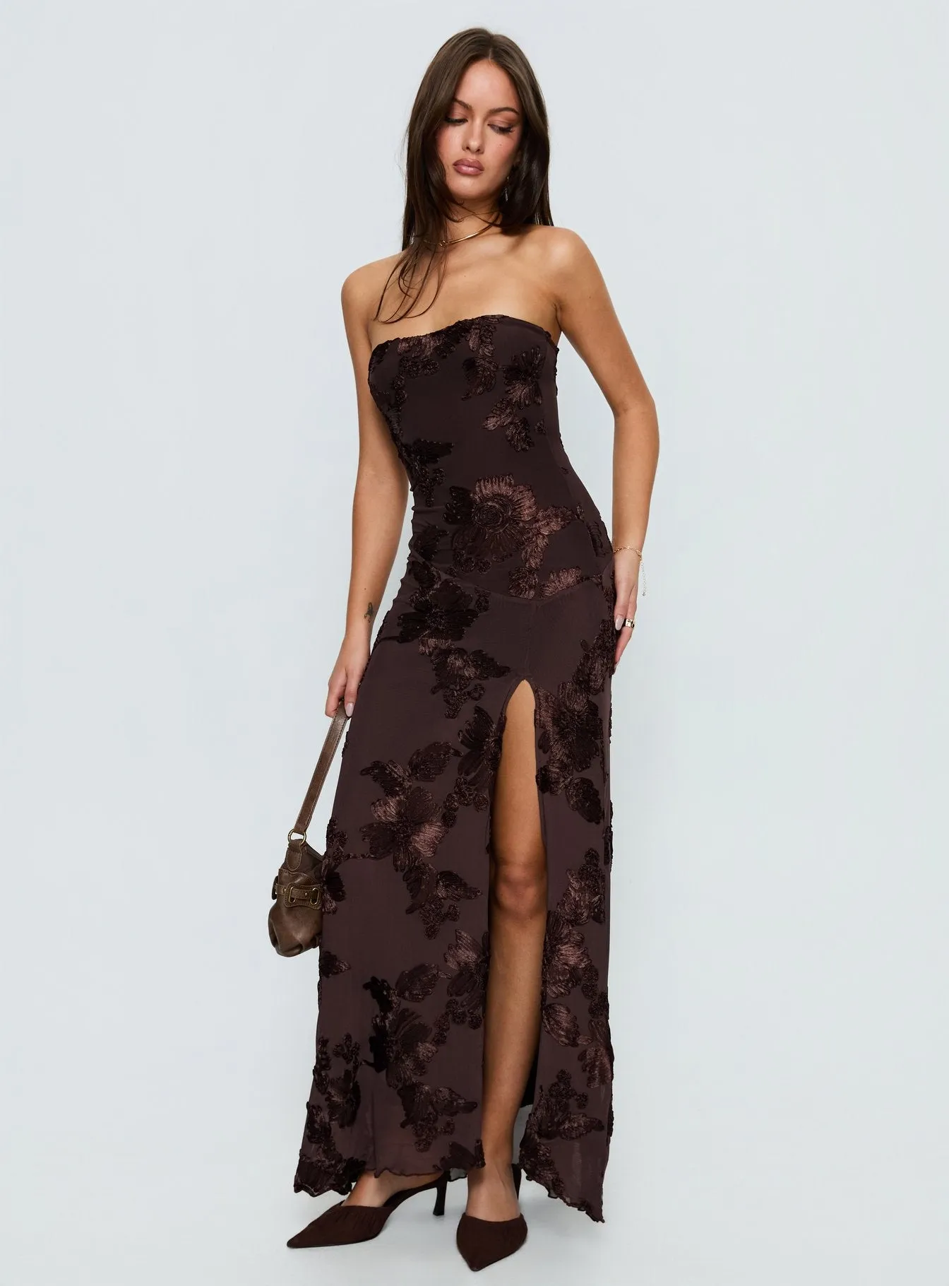 Maribeth Strapless Floral Maxi Dress Chocolate Brown sold by Princess Polly product image thumbnail 3