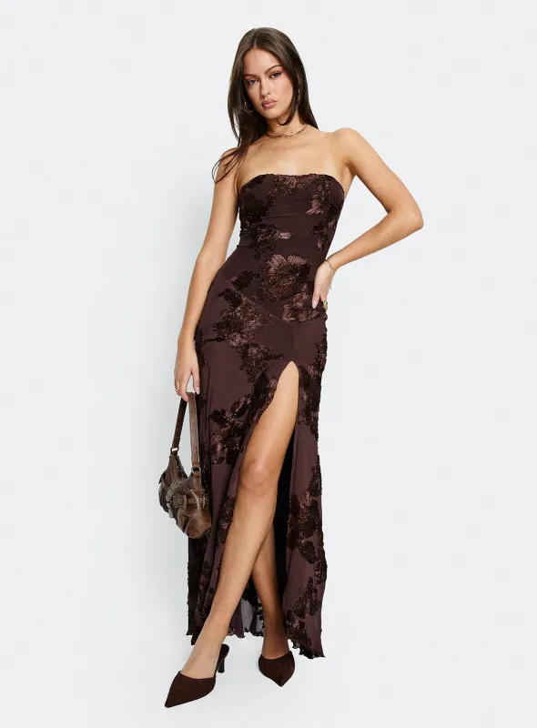 Maribeth Strapless Floral Maxi Dress Chocolate Brown sold by Princess Polly