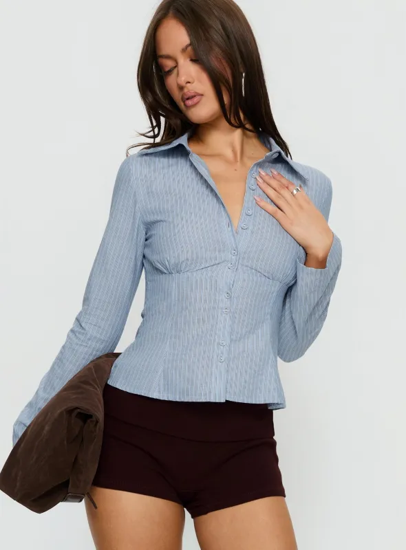 Cottesloe Long Sleeve Blouse Top Blue Stripe sold by Princess Polly