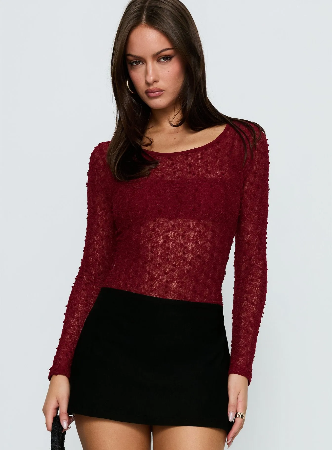 Harly Sheer Long Sleeve Bodysuit Red sold by Princess Polly