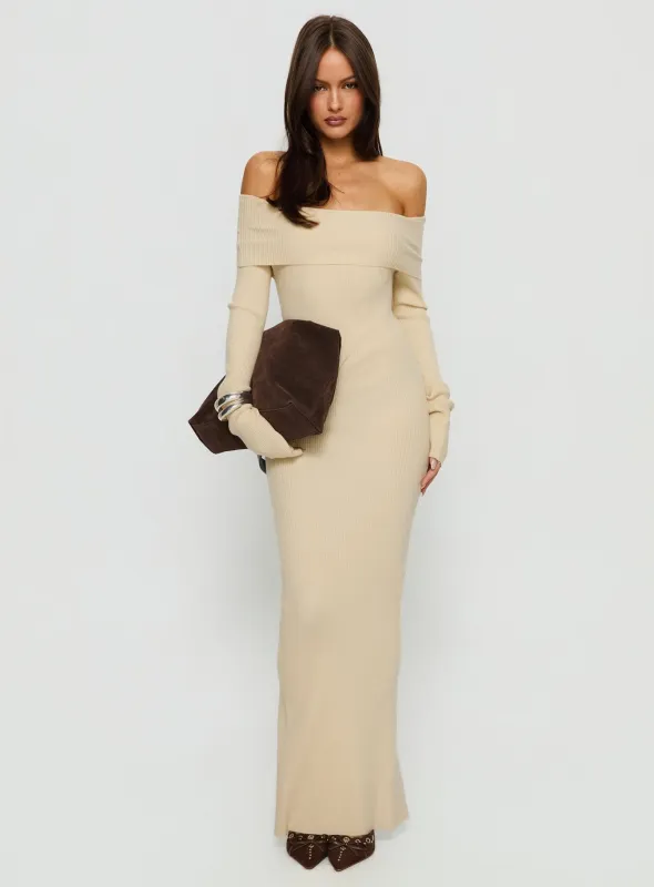 Phylis Off The Shoulder Maxi Dress Cream sold by Princess Polly