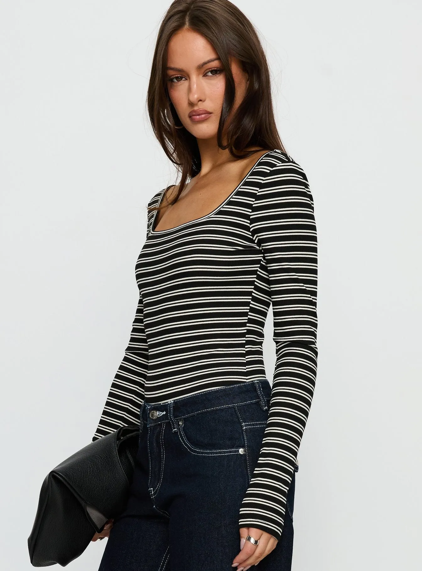 Donica Square Neck Long Sleeve Bodysuit Grey Stripe sold by Princess Polly product image thumbnail 3