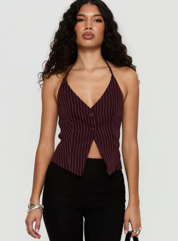 No Sleep Halter Top Burgundy Pinstripe sold by Princess Polly