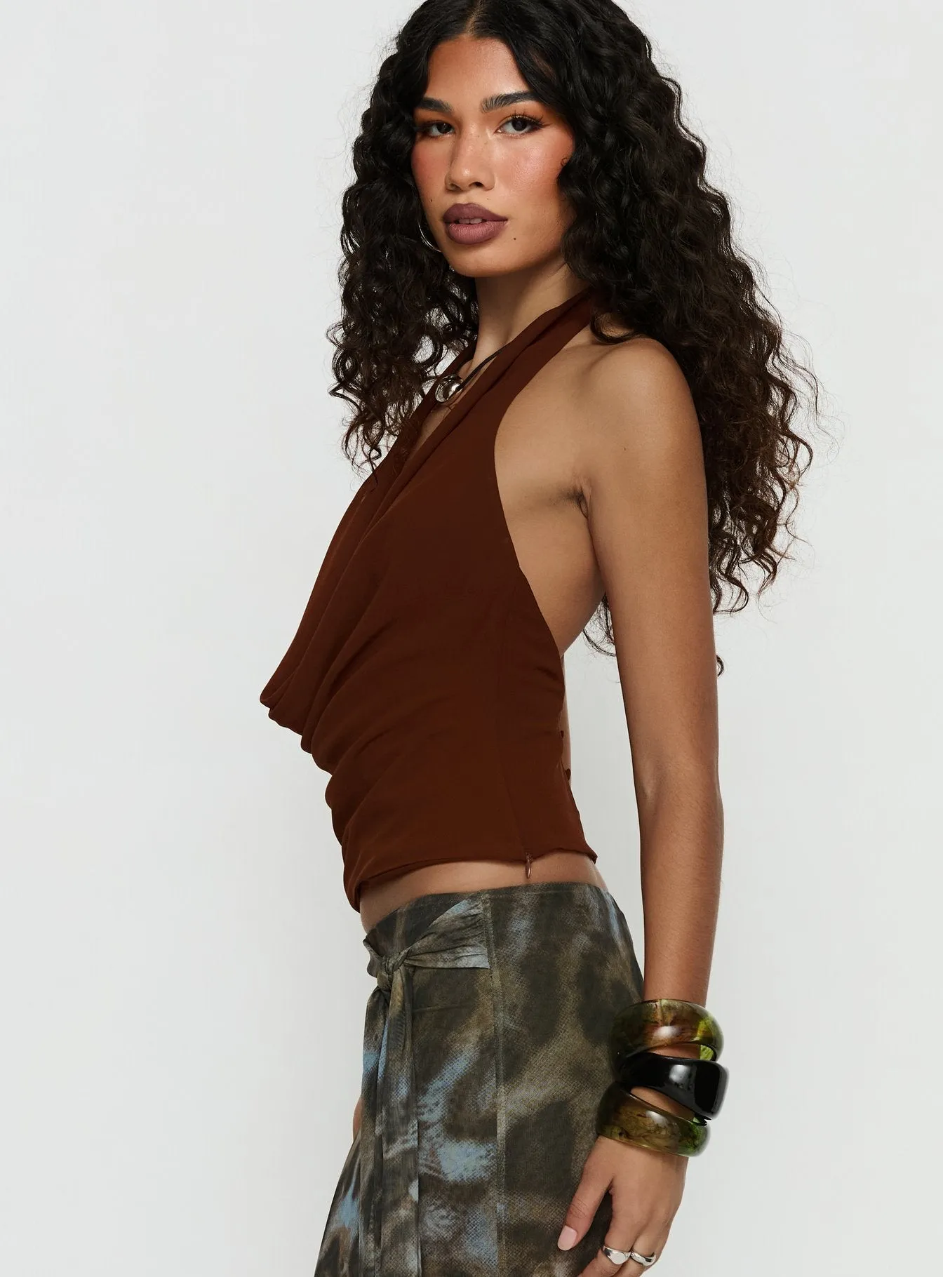 Annina Plunge Neck Backless Halter Top Chocolate sold by Princess Polly product image thumbnail 4