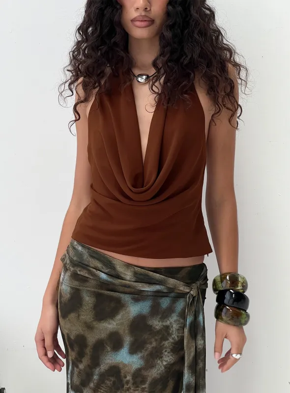 Annina Plunge Neck Backless Halter Top Chocolate sold by Princess Polly