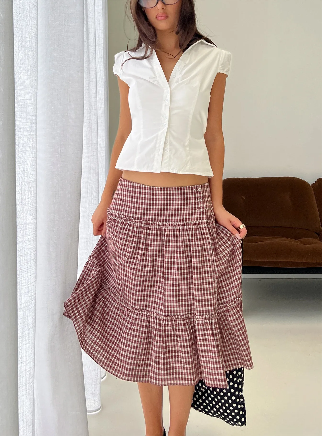 Cascades Low Rise Midi Skirt Red Check sold by Princess Polly
