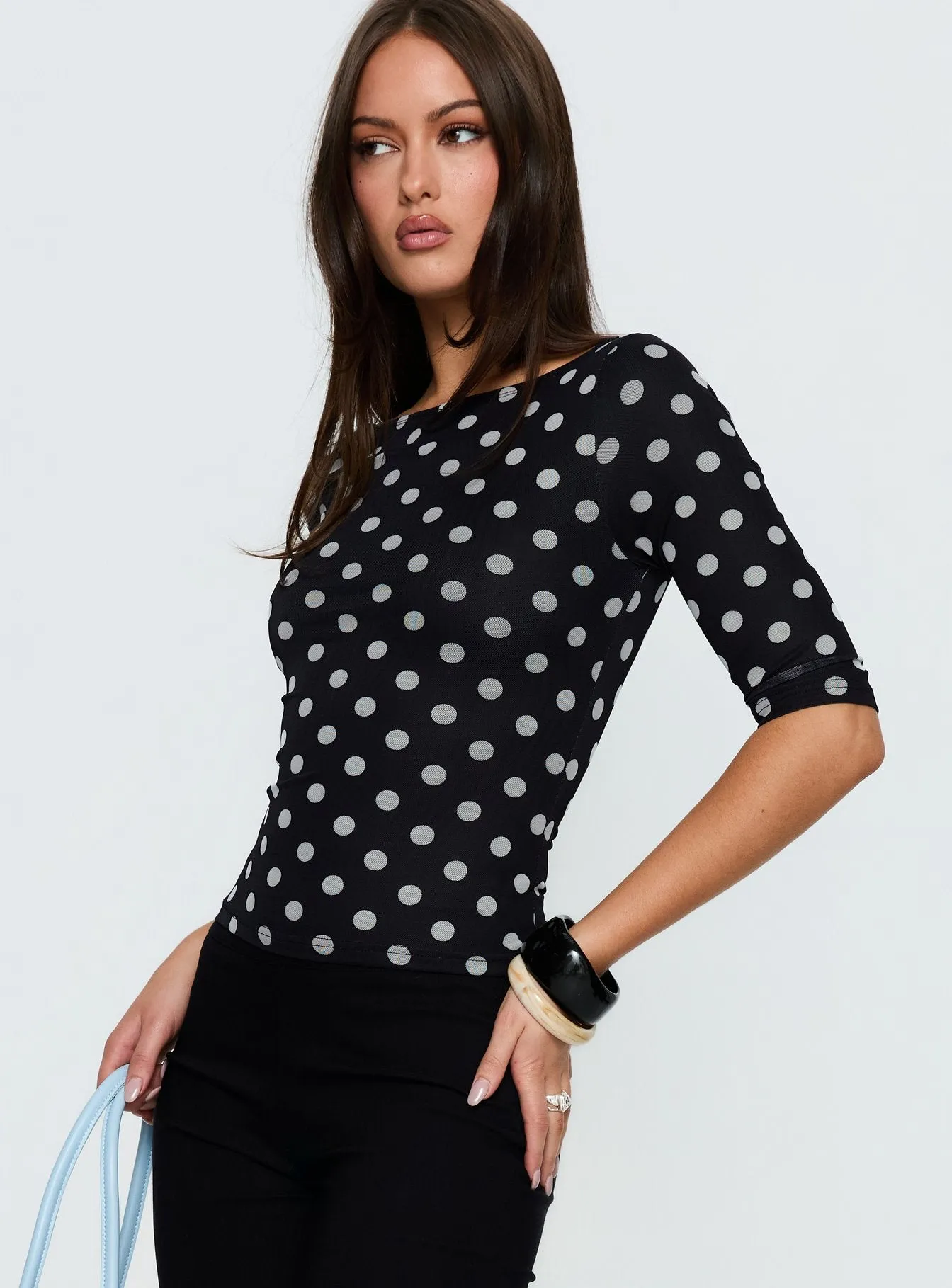 Venna 3/4 Sleeve Boat Neck Top Black / White Polka sold by Princess Polly product image thumbnail 4