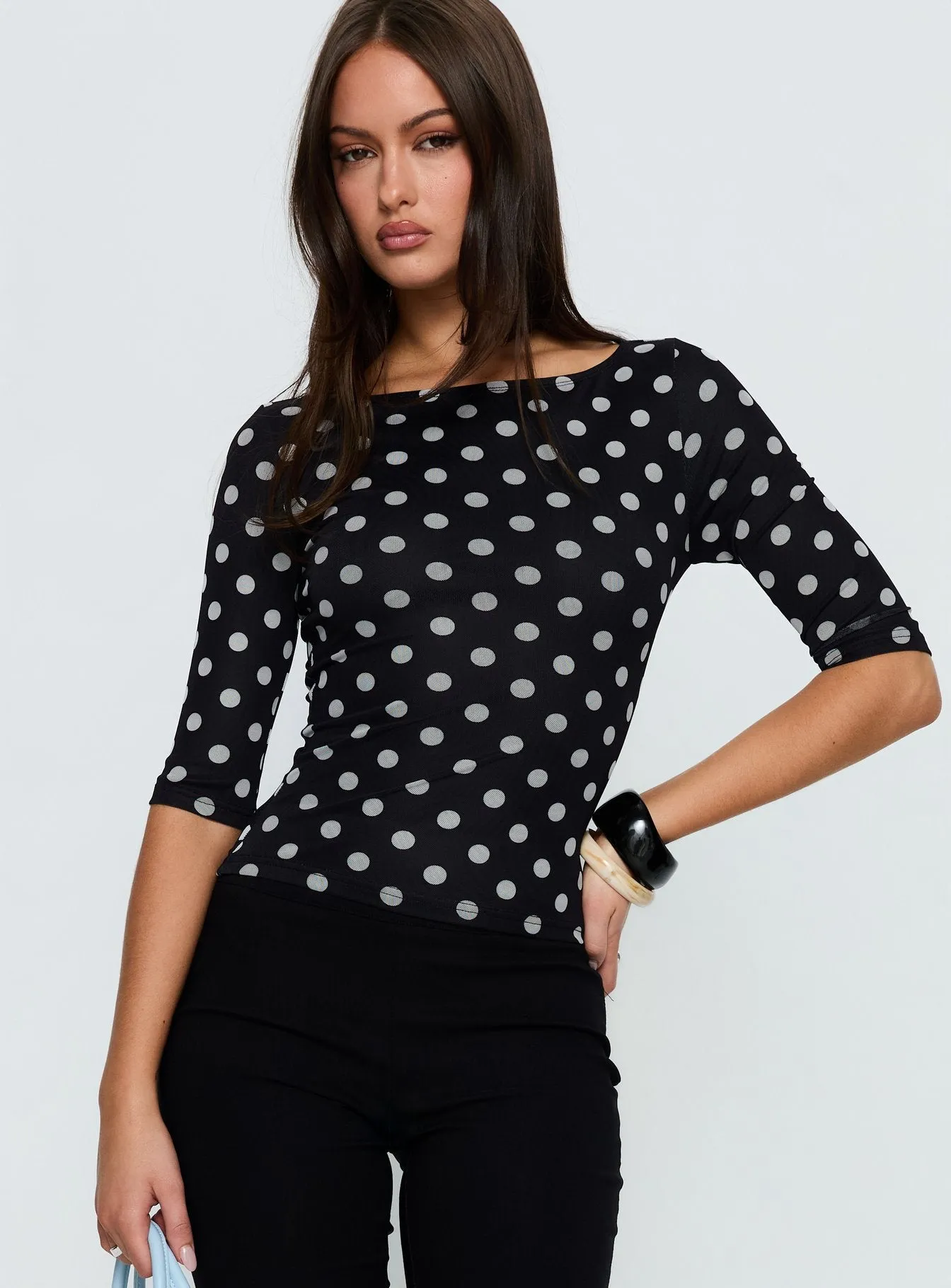 Venna 3/4 Sleeve Boat Neck Top Black / White Polka sold by Princess Polly product image thumbnail 2
