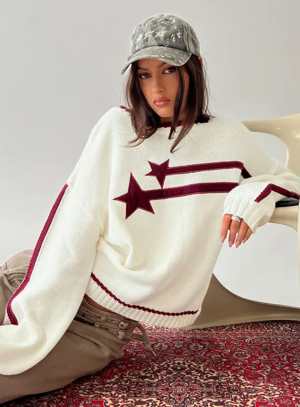 Star Track Graphic Jumper Cream / Red sold by Princess Polly
