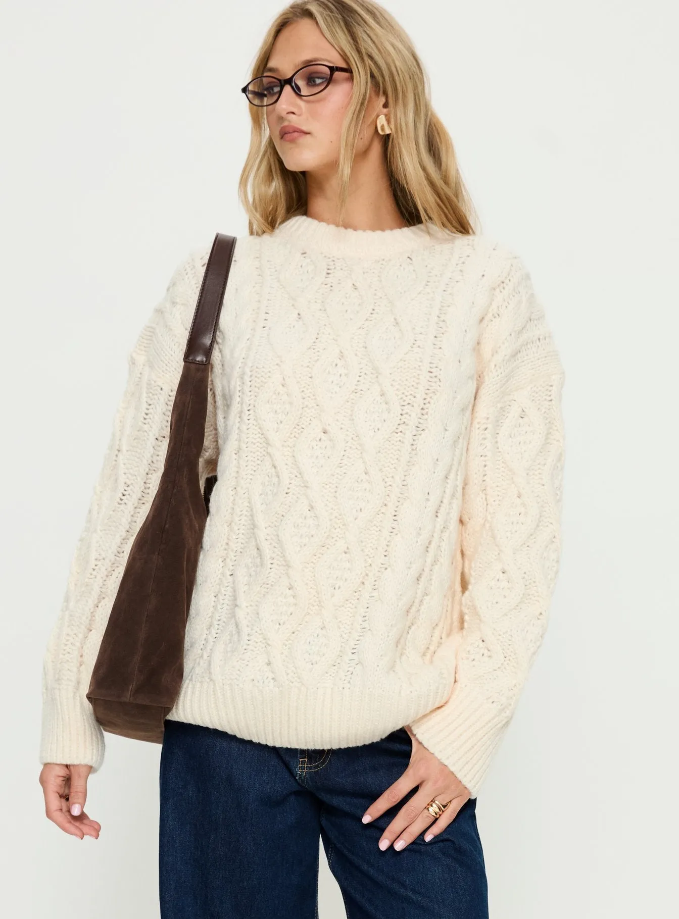 Rorey Cable Knit Crew Neck Sweater White sold by Princess Polly product image thumbnail 2
