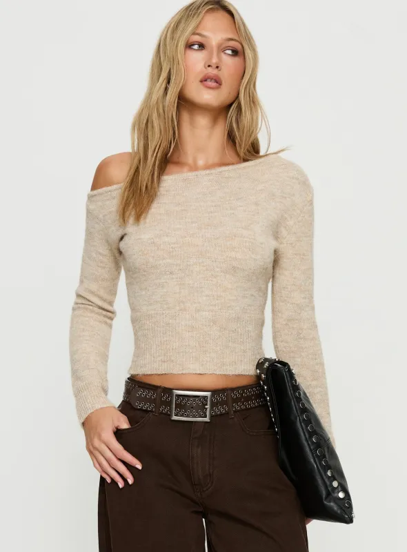 Selbey Fluffy Cinched Waist Off Shoulder Top Cream Marle sold by Princess Polly