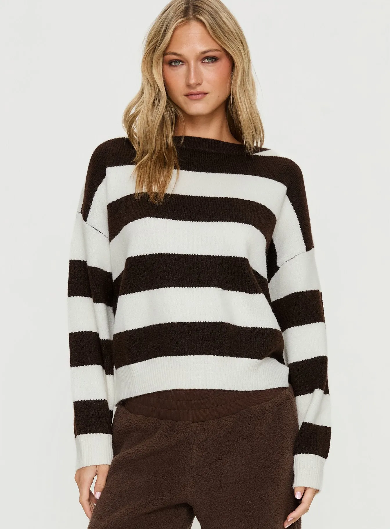 Corlie Crew Neck Knit Sweater Brown Stripe sold by Princess Polly