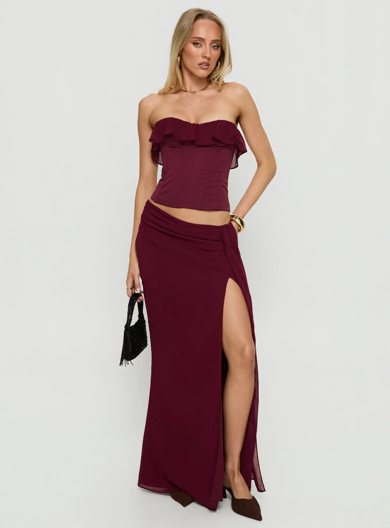 Hollian Draped Maxi Skirt Wine sold by Princess Polly product image thumbnail 2