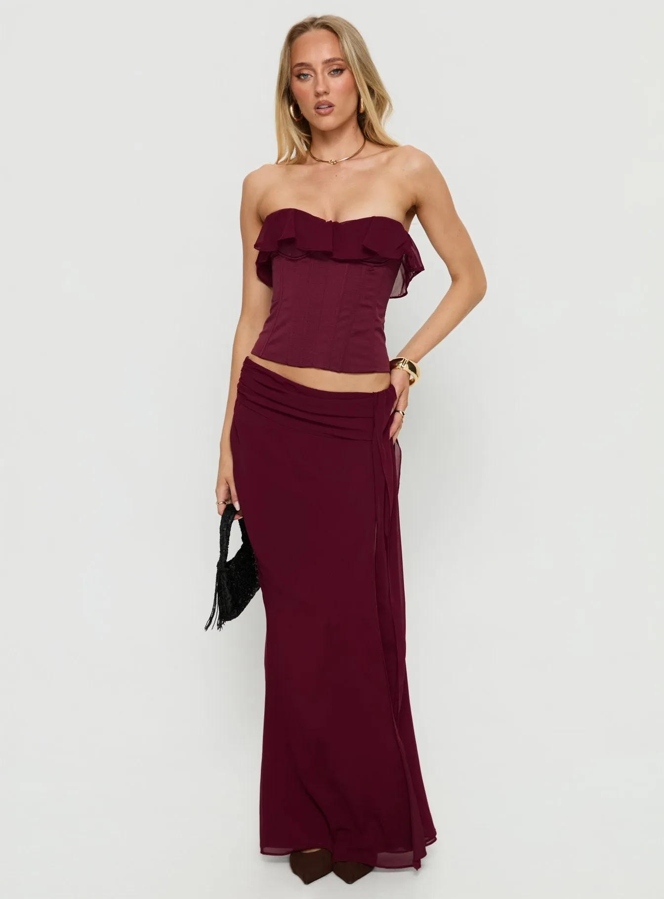 Hollian Draped Maxi Skirt Wine sold by Princess Polly product image thumbnail 3