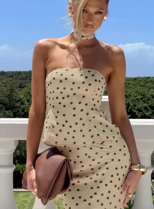 Sydni scarf detail strapless top Yellow / Chocolate Polka Dot sold by Princess Polly