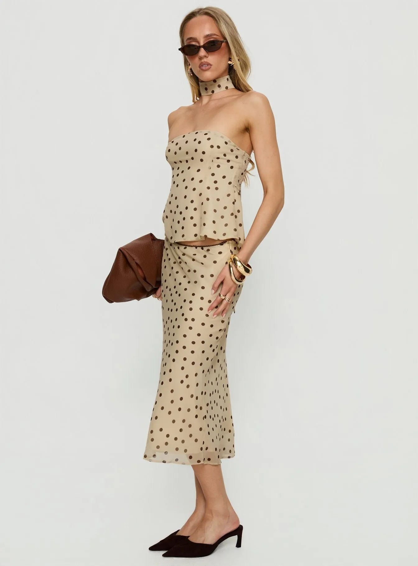 Sydni Midi Bias Cut Skirt Yellow / Chocolate Polka sold by Princess Polly product image thumbnail 4
