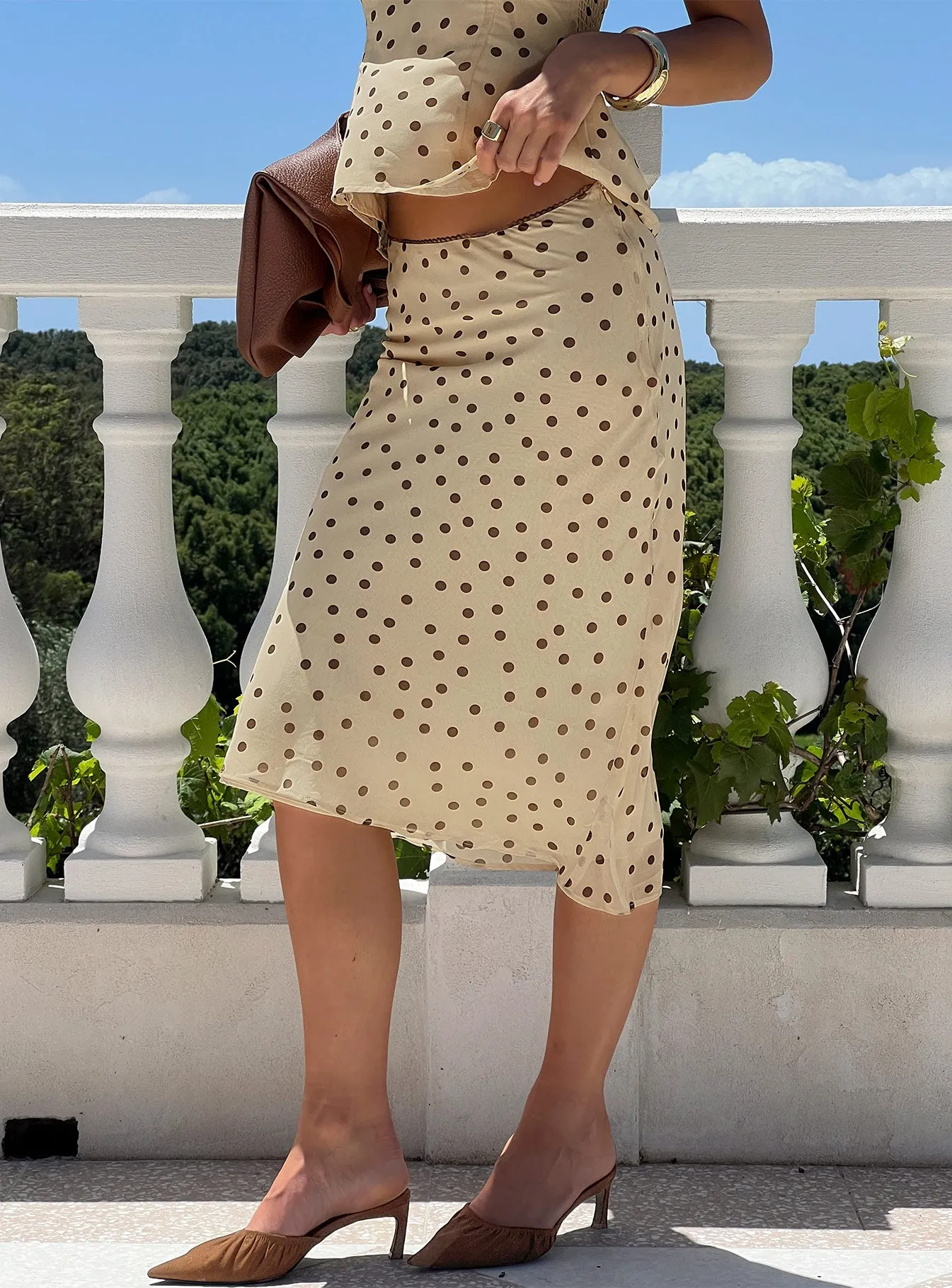 Sydni Midi Bias Cut Skirt Yellow / Chocolate Polka sold by Princess Polly