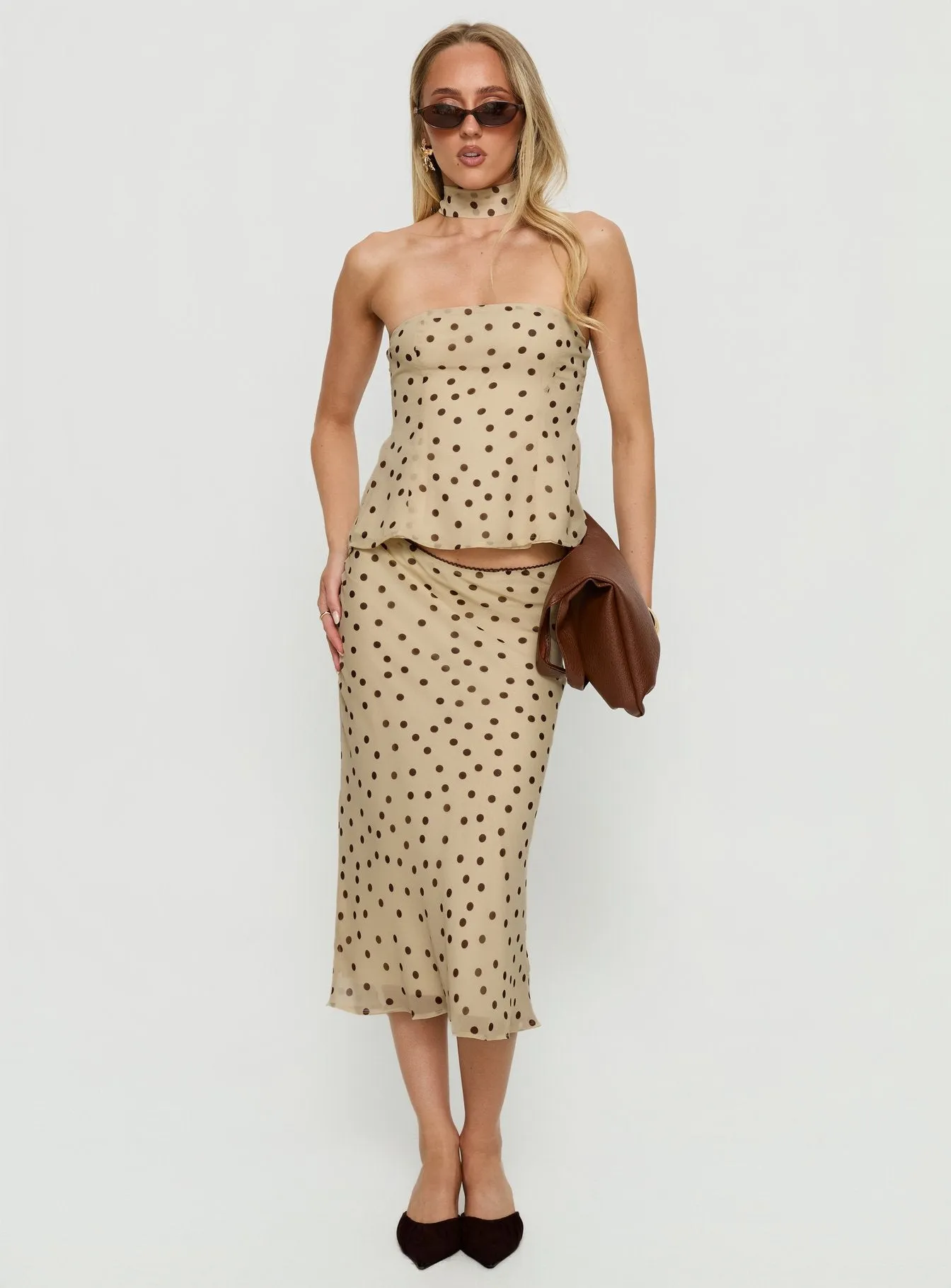 Sydni Midi Bias Cut Skirt Yellow / Chocolate Polka sold by Princess Polly product image thumbnail 2