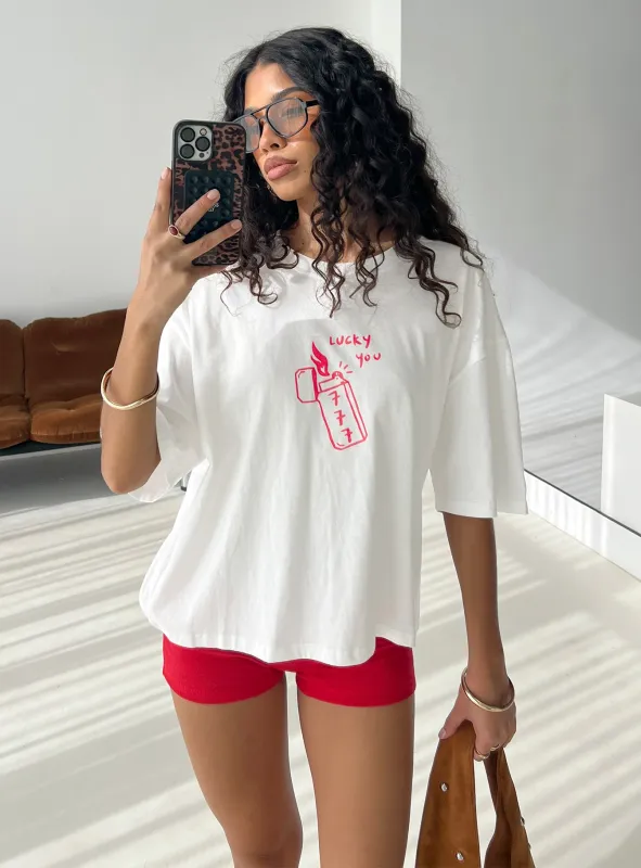 Lucky You Lighter Oversized Graphic Top White sold by Princess Polly