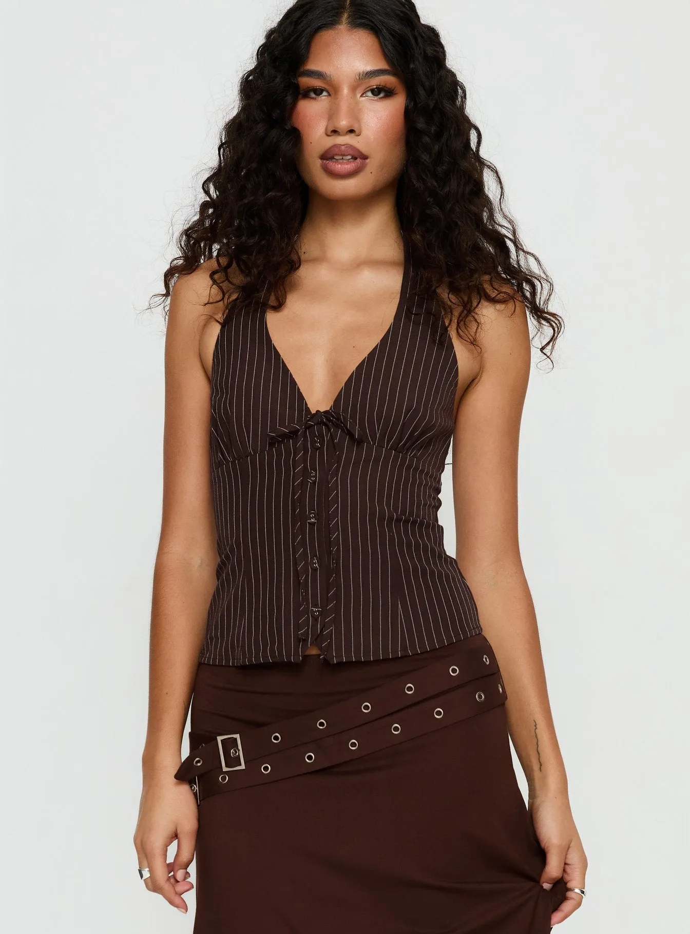 Nickole Halter Tailored Top Brown Stripe sold by Princess Polly