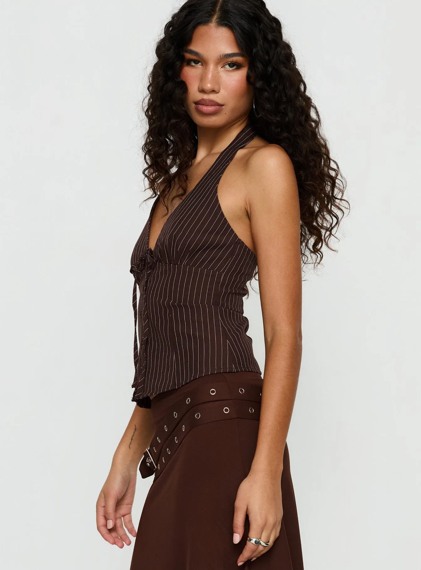 Nickole Halter Tailored Top Brown Stripe sold by Princess Polly product image thumbnail 3
