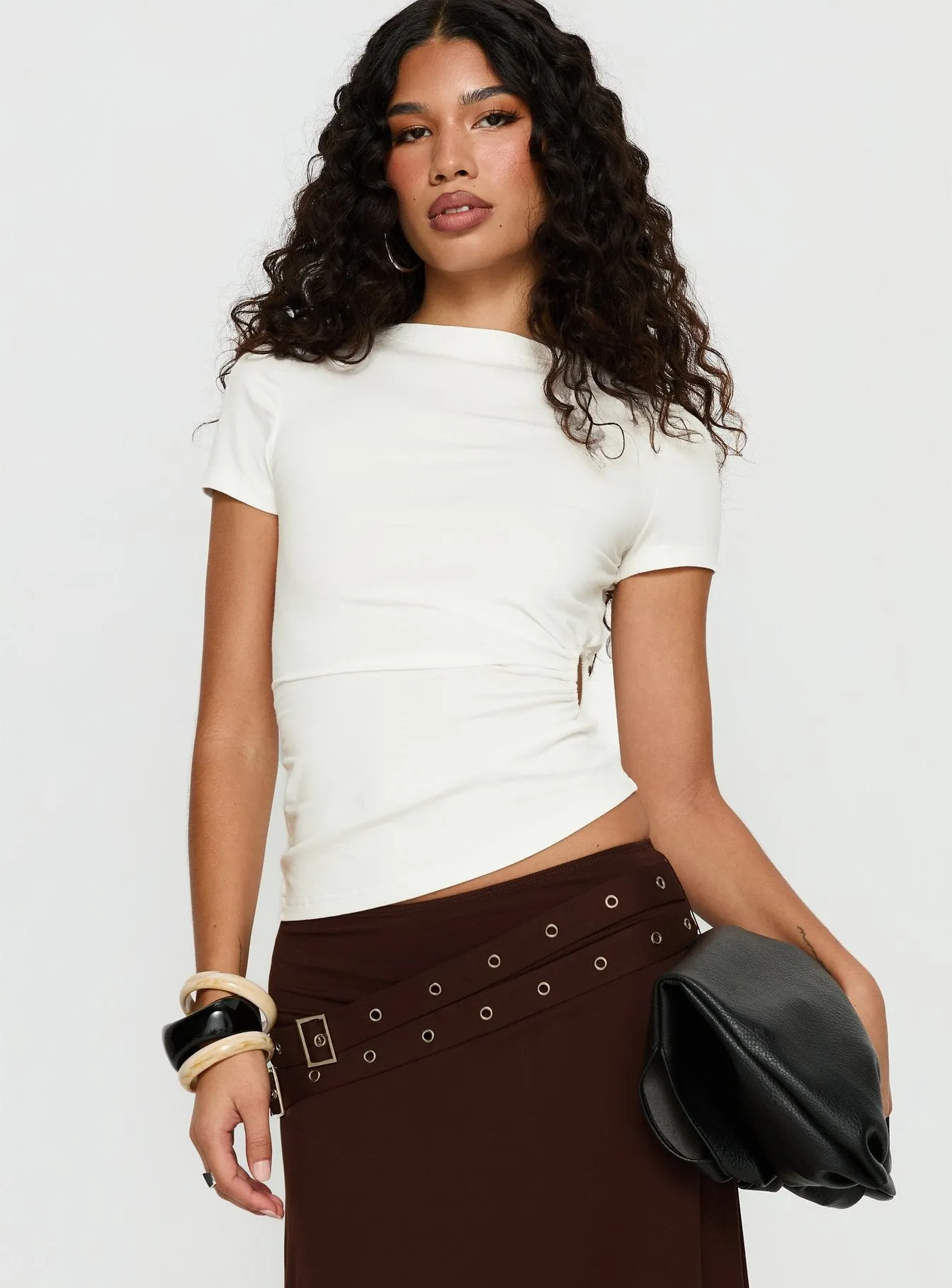 Lorensa Double Buckle Asymmetrical Midi Skirt Brown sold by Princess Polly product image thumbnail 2