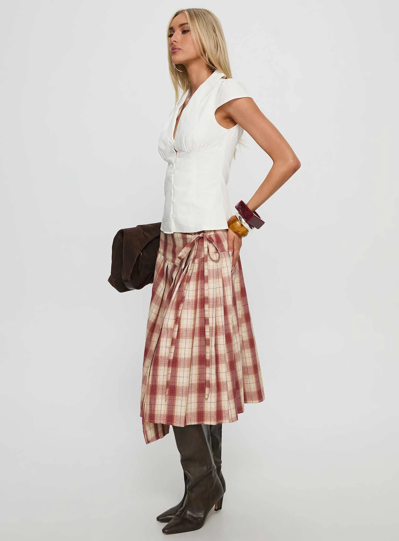 Norie Wrap Pleat Midi Skirt Red Plaid sold by Princess Polly product image thumbnail 4