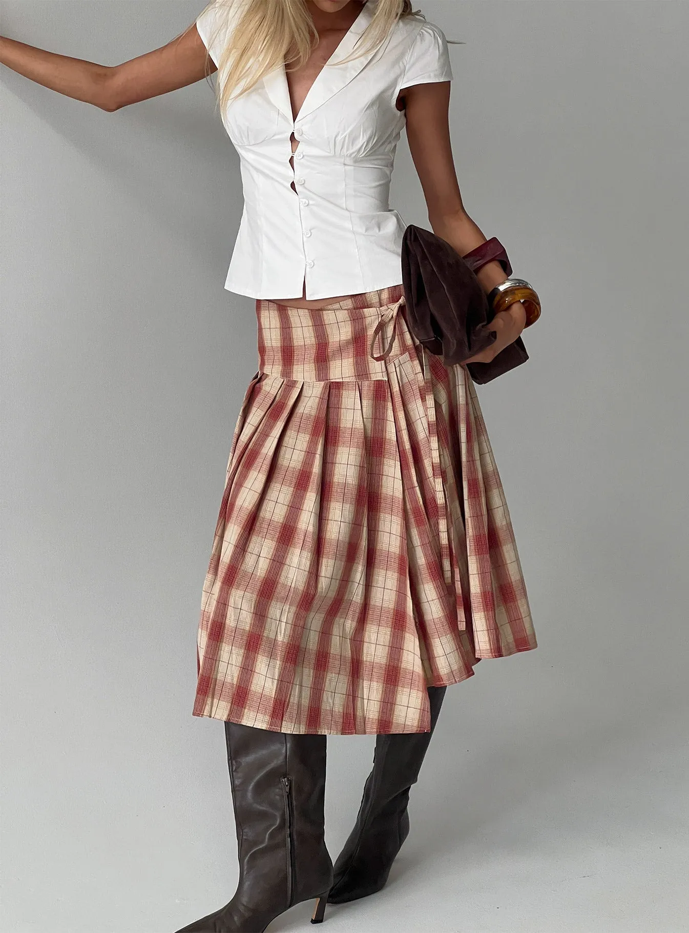 Norie Wrap Pleat Midi Skirt Red Plaid sold by Princess Polly