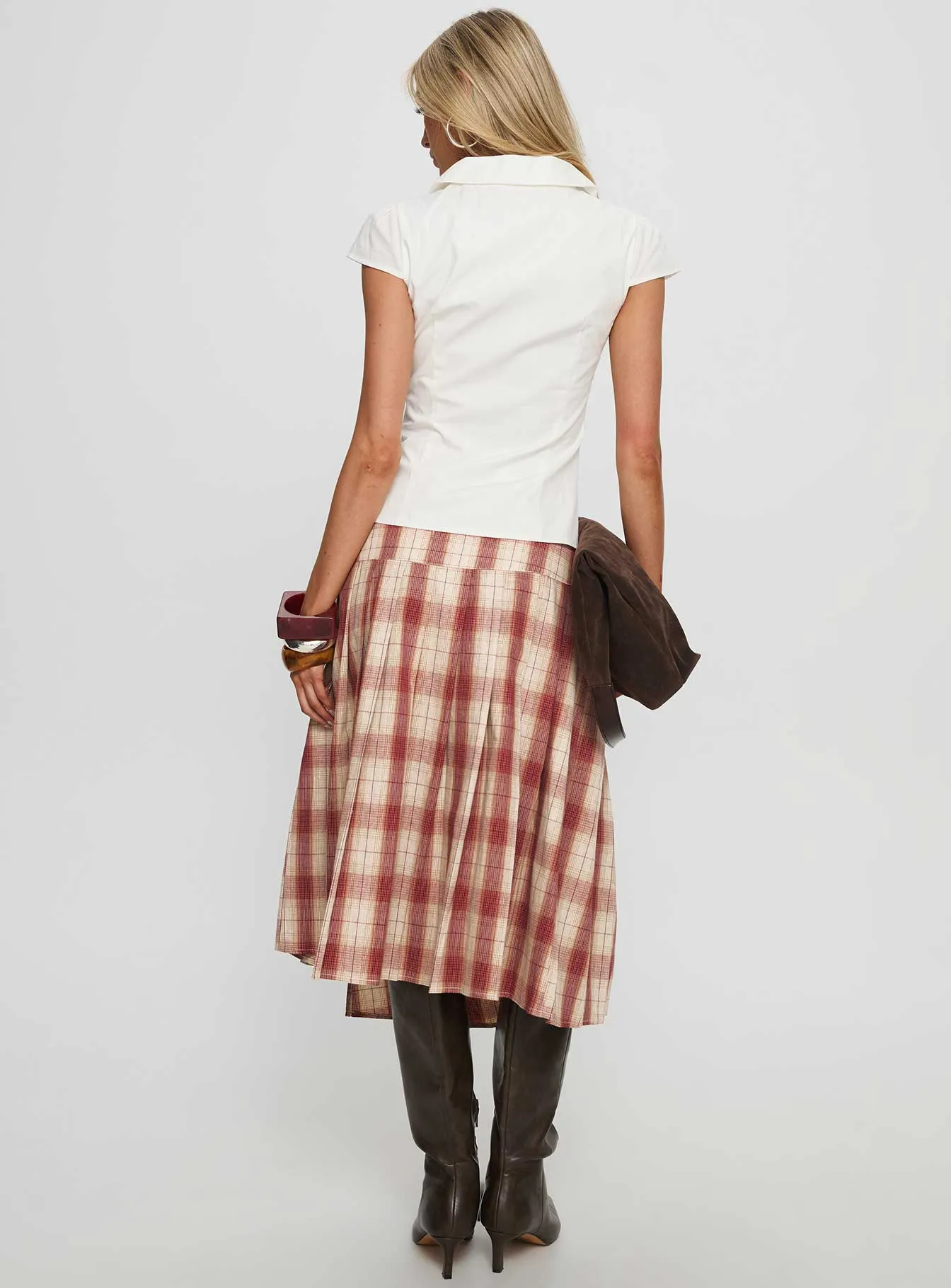Norie Wrap Pleat Midi Skirt Red Plaid sold by Princess Polly product image thumbnail 5