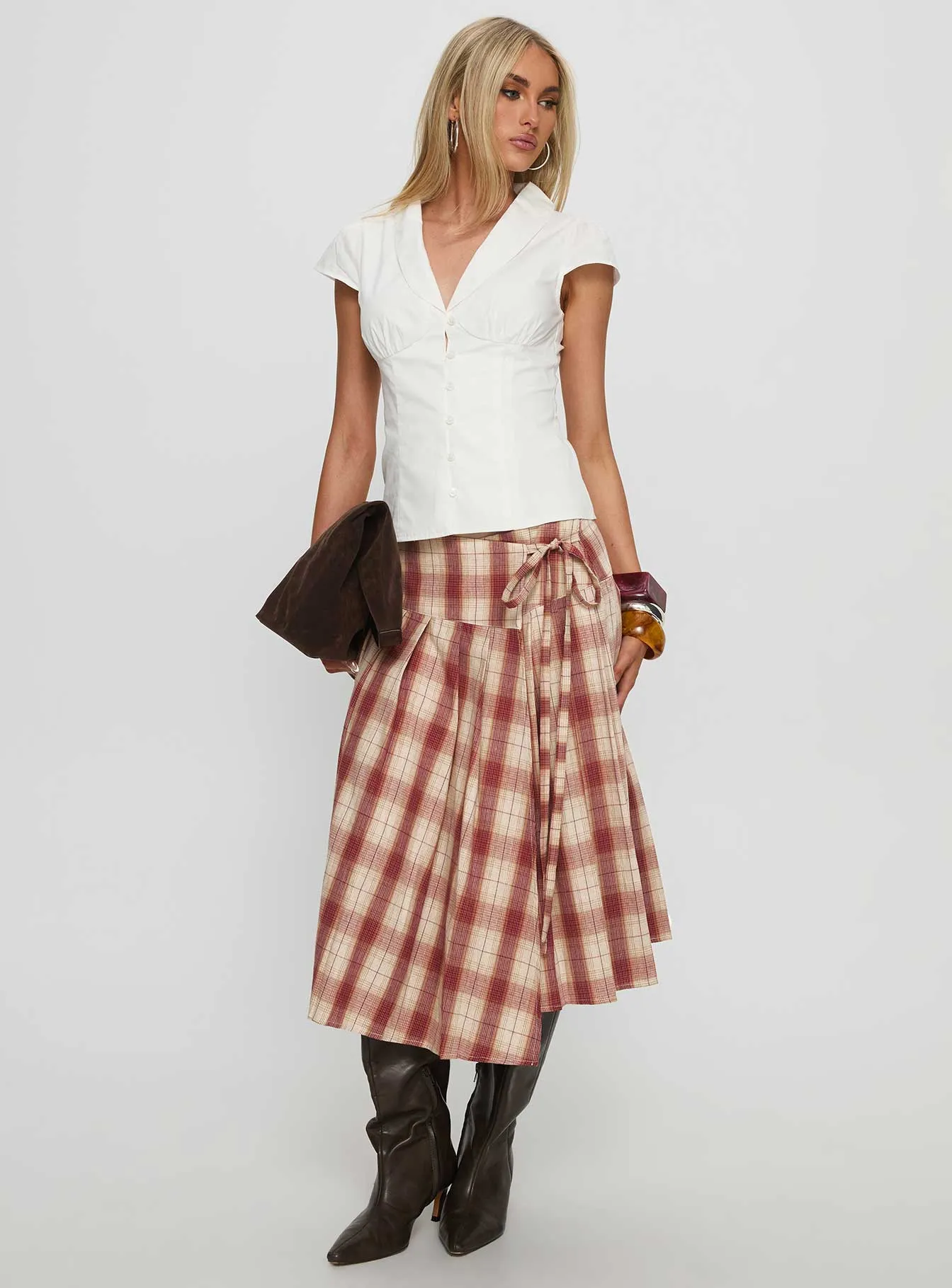Norie Wrap Pleat Midi Skirt Red Plaid sold by Princess Polly product image thumbnail 2