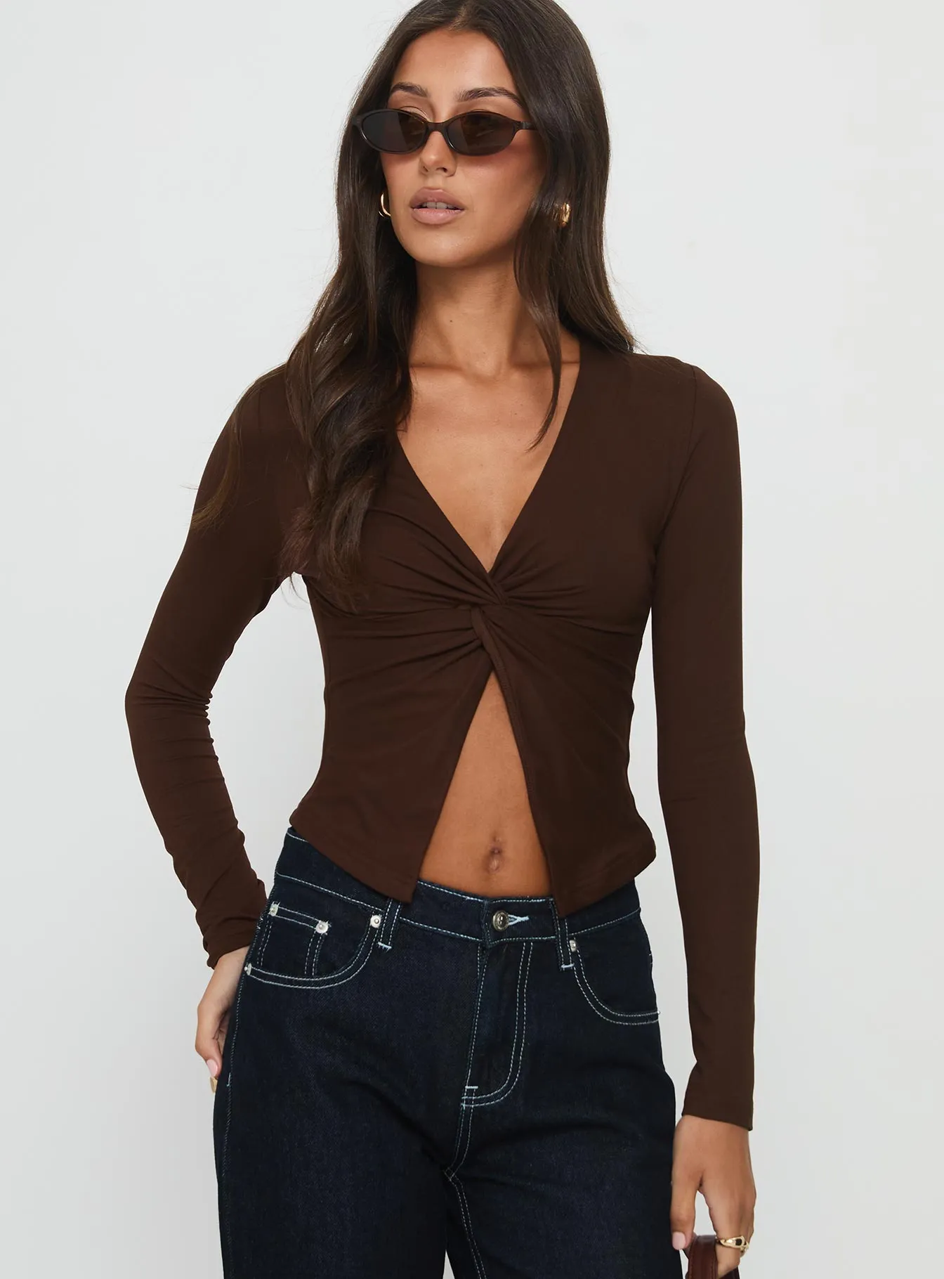 No Hard Feelings Twist Long Sleeve Top Brown sold by Princess Polly