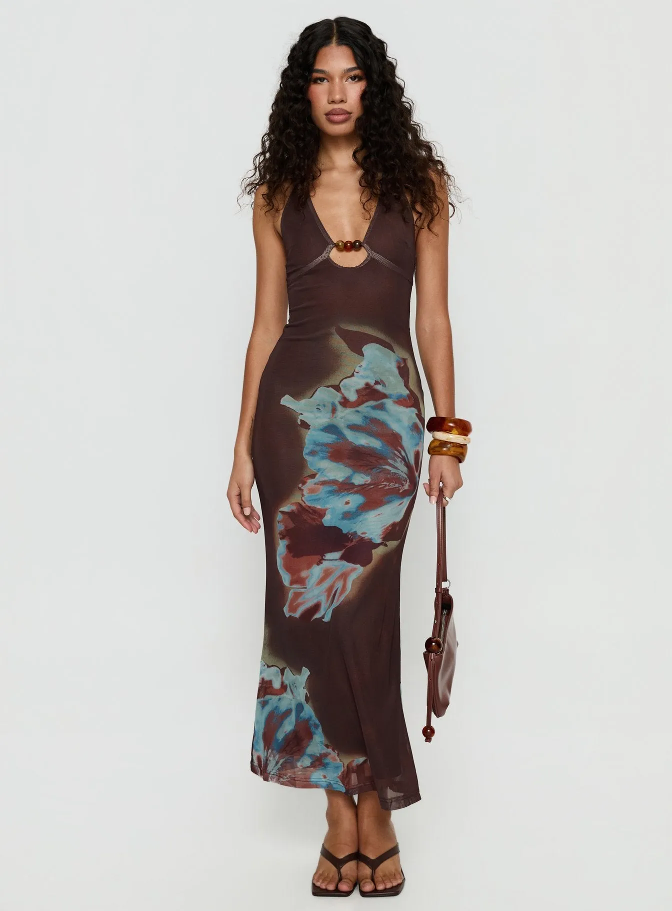 Maritsa Halter Beaded Maxi Dress Brown Floral sold by Princess Polly product image thumbnail 3