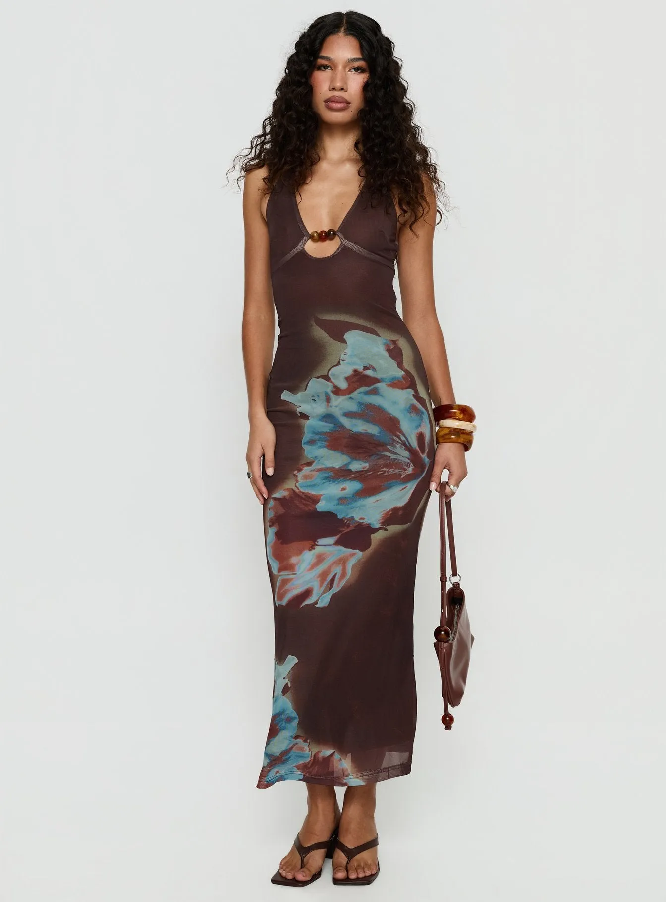 Maritsa Halter Beaded Maxi Dress Brown Floral sold by Princess Polly product image thumbnail 2
