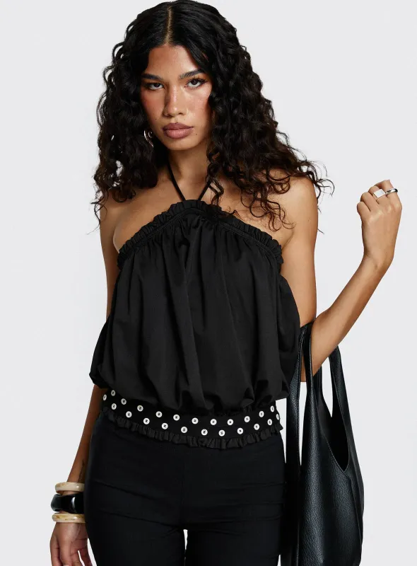 Mikki Tie Neck Button Detail Top Black sold by Princess Polly