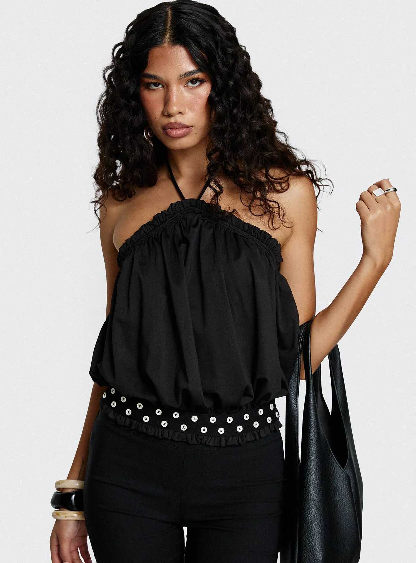 Mikki Tie Neck Button Detail Top Black sold by Princess Polly