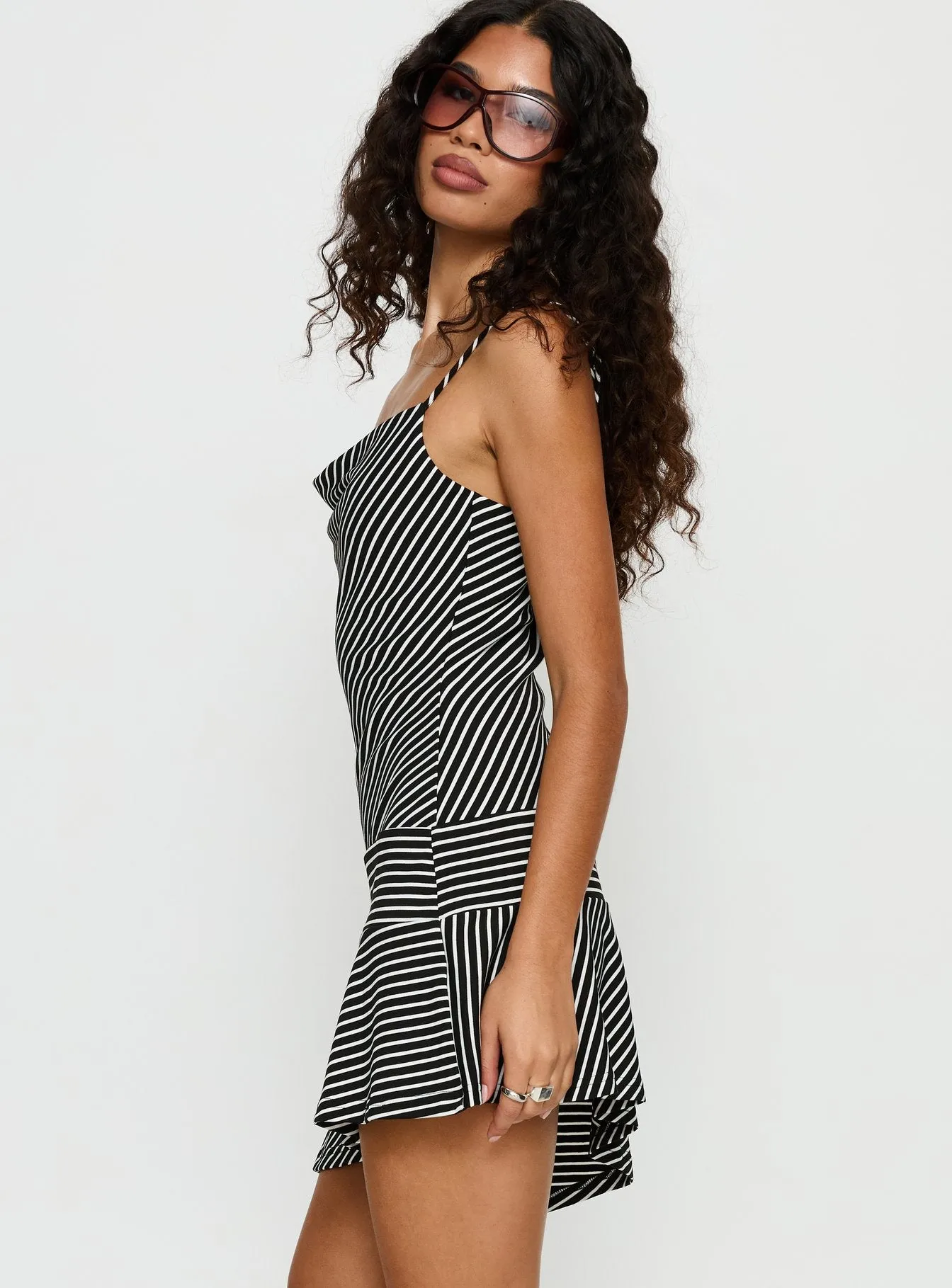 Laurela Asymmetrical Mini Dress Black / White Stripe sold by Princess Polly product image thumbnail 4