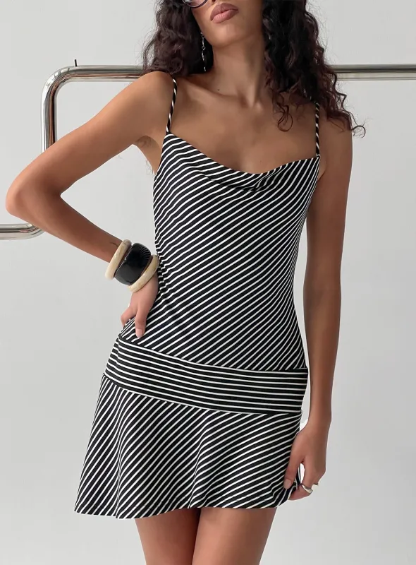 Laurela Asymmetrical Mini Dress Black / White Stripe sold by Princess Polly