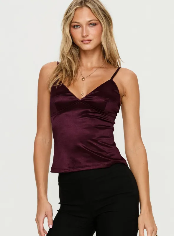 Lunetta Picot Trim Cami Top Burgundy sold by Princess Polly