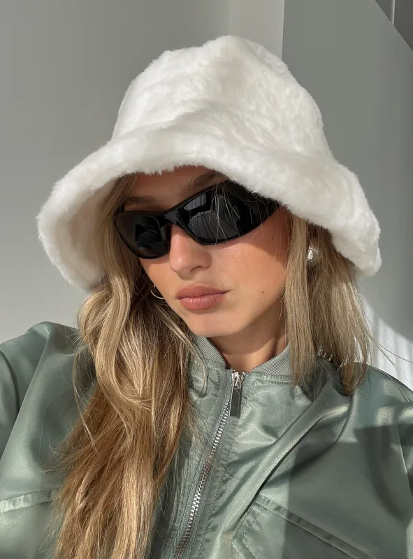 Theo Plush Bucket Hat White sold by Princess Polly