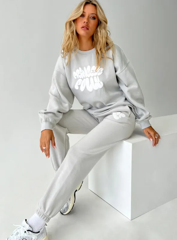 Princess Polly Track Pants Bubble Text Grey / Cloud White sold by Princess Polly