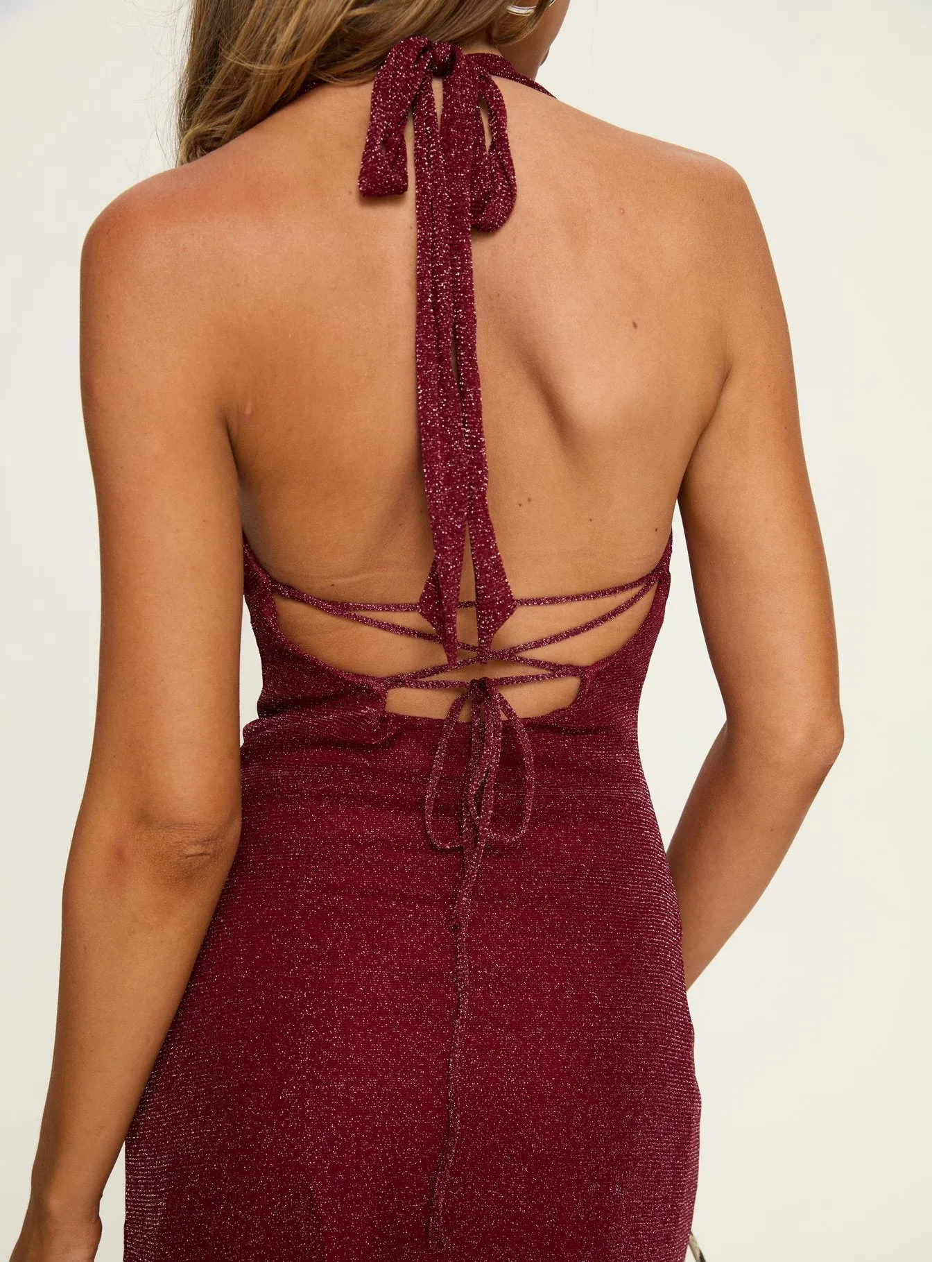 Hypnotise Ruched Halter Mini Dress Burgundy Shimmer sold by Princess Polly product image thumbnail 5