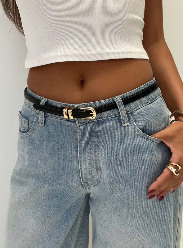 Antilles Faux Leather Micro Belt Black / Gold sold by Princess Polly